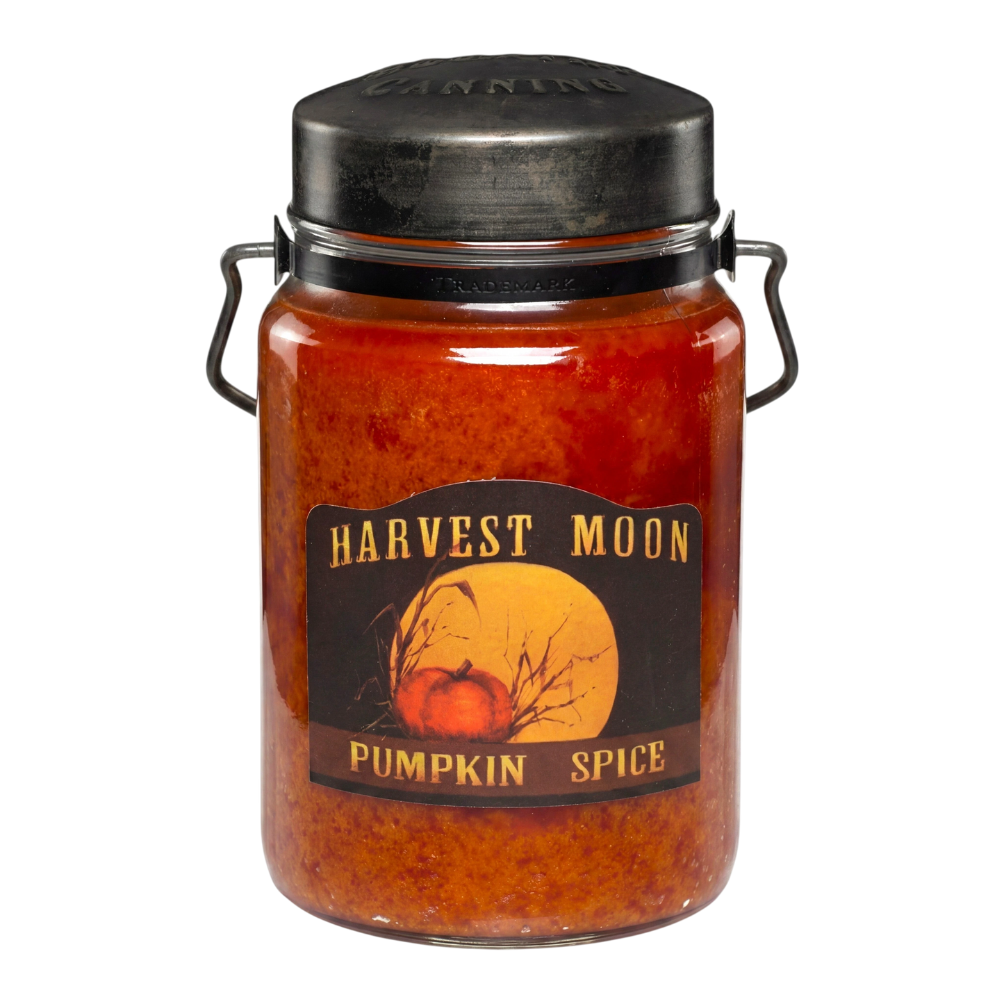McCall's Candles Harvest Moon Pumpkin Spice 26 oz jar candle with rustic metal lid and decorative handles. Orange wax with cinnamon and nutmeg scent.